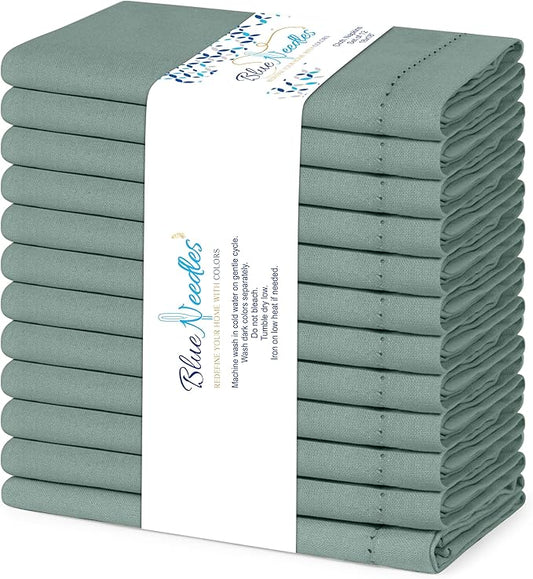 Blue Needles Set of 12 Hemstitch Linen Napkins 100% Cotton Hunter Green Cloth Dinner Napkins 18x18 inches, Soft, Reusable Absorbent Washable, Ideal for Wedding Events, Parties & Everyday Use