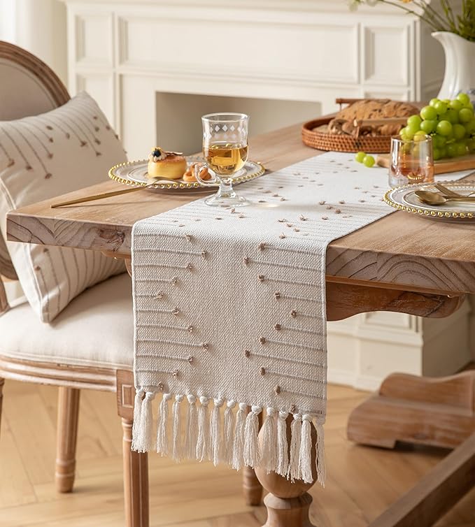 Boho Table Runner 13 x 48 Inch Long Natural Cotton Woven Runner with Tassels for Home Dining Table décor, for Modern Farmhouse Decor Coffee Table Runner, Taupe and Beige
