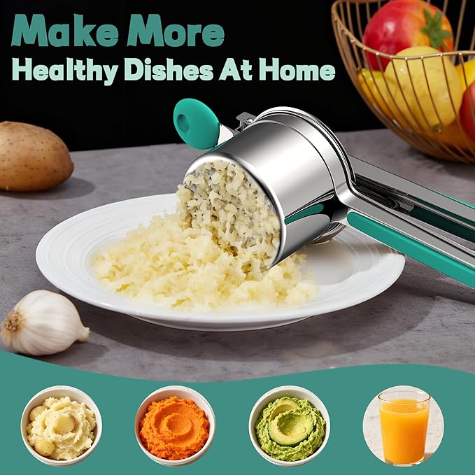 Large 15oz Potato Ricer for Mashed Potatoes, Heavy Duty 18/8 Stainless Steel Potato Masher for Baby Food & Spaetzle Maker, Masher and Ricer Kitchen Tool, Press and Mash Kitchen Gadget, Green