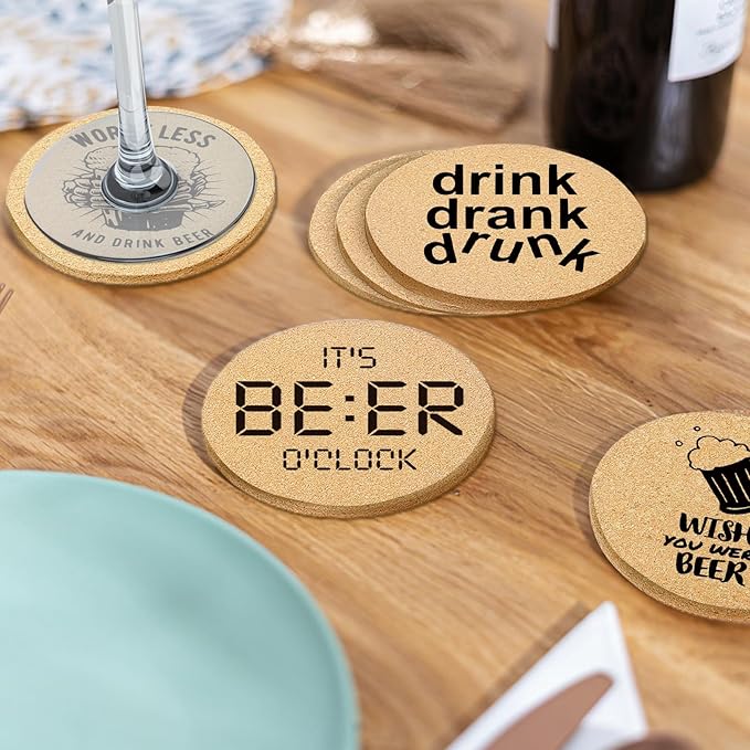 Coasters for Drinks with Holder Set of 6, Absorbent Cork Wood Coaster for Cup Desk Office Table Kitchen Decor House Warming Gifts for New Home Couples, Round 4"
