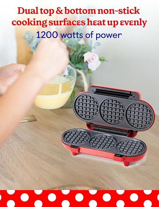 Betty Crocker Mini Multi-Waffle Maker, 1200W Kitchen Appliance for Home and Kitchen, Makes 3 Waffles at Once, Non-Stick Coating, Automatic Temperature Control, Cool Touch Handle, BC-5886R, Red