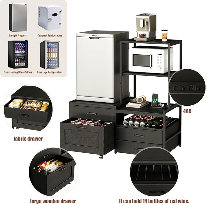 Mini Fridge Stand with Wine Rack, Kitchen Bakers Rack with Power Outlet, Microwave Oven Stand, Coffee Bar, Movable Drawers, for Dorm,Office, Black HB04BXB