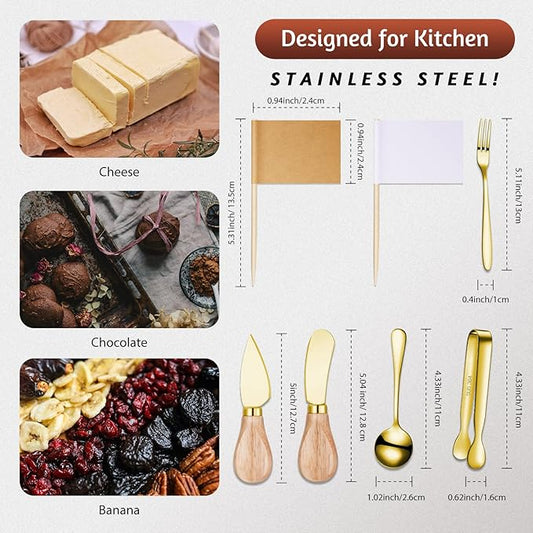 Charcuterie Board Accessories Spreader Knife Set Cheese Butter Spreader Knife Charcuterie Utensils with Wooden Handles Mini Serving Tongs Spoons Forks for party Wedding Christmas (Gold, 18 Pieces)