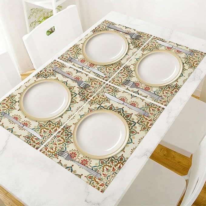 Mandala Placemats Set of 4 Vintage Bohemia Floral Art Printed Dining Table Mats for Restaurant Home Kitchen Holiday Picnic Party Decor 12x18in