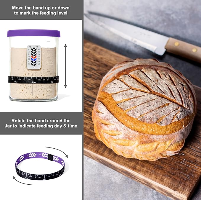 Premium Sourdough Starter Jar - 40oz Large Sourdough Jar with Marked Feeding Band, Thermometer, Scraper, Cloth Cover and Silicone Lid/Base, Wide Mouth Starter Kit - Purple