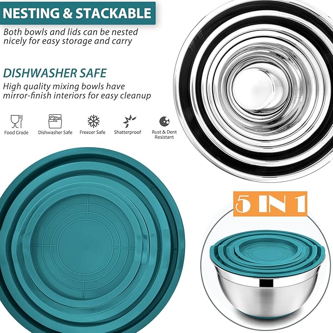 E-far Stainless Steel Mixing Bowls Set of 5, Size 7/3.5/2.5/1.5/1 QT, Metal Nesting Bowls with Teal blue Airtight Lids & Non-Slip Bottoms, Great for Kitchen Cooking, Baking, Serving, Food Prep