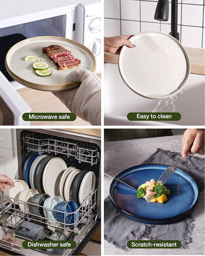 Famiware Star Dinnerware Set with Mugs, Service for 6 (24 Pieces), Ribbed Stoneware Plates and Bowls Dishes Sets - Chip & Scratch Resistant, Microwave & Dishwasher Safe, Cappuccino White