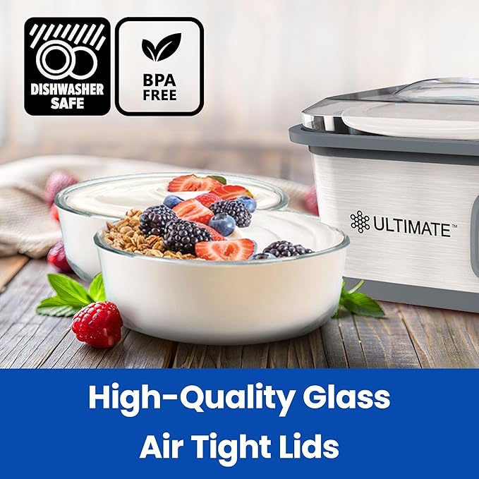 Ultimate Yogurt Containers 2 Pack - Make More Yogurt with 1-Quart Glass Containers (4 Cup) - 100% BPA Free, Durable & Oven Safe Round Bowl Set with Lids - Perfect for Food Storage & Meal Prep