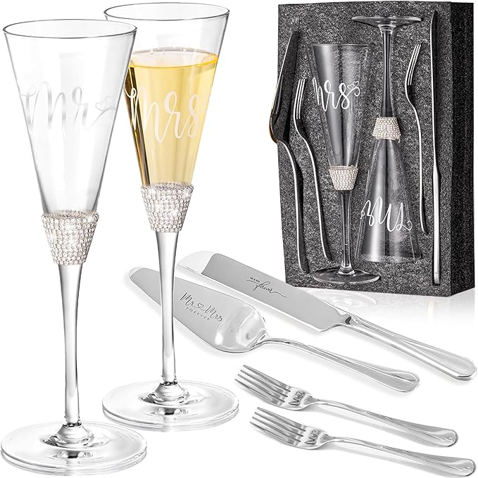 VARLKA Wedding Cake Knife and Server Set, Mr and Mrs Champagne Flutes and Cake Cutting Set for Bridal Shower Gifts Wedding Glasses for Bride and Groom