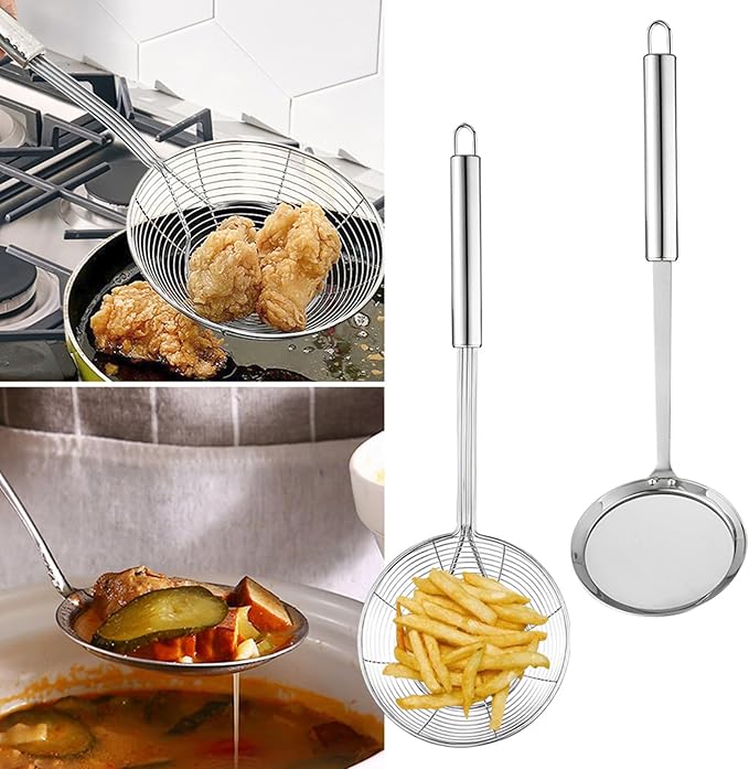 Stainless Steel Spider Strainer, 6.3" Asian Wire Skimmer Ladle for Cooking Frying Food Pasta Spaghetti Noodle Hot Pot, Stay Cool Handle with Hook for Easy Storage, Food Recipe Ebook Included