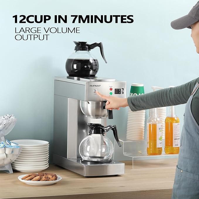 NUPANT 12-Cup Commercial Coffee Maker with Water Line 1.8L Auto-Filling Drip Coffee Maker Machine with 2 Glass Carafes and 2 Warmers Stainless Steel Pour over Coffee Brewer for Restaurant Office cafe
