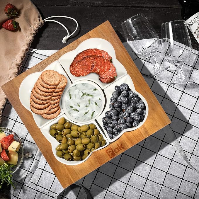Pak Acacia Wood Serving Tray, 12" Square, Natural Brown & White, 5-Piece Set, Dishwasher Safe, Freezer & Microwave Safe, Perfect for Appetizer, Veggie, Taco, Fruit Platter