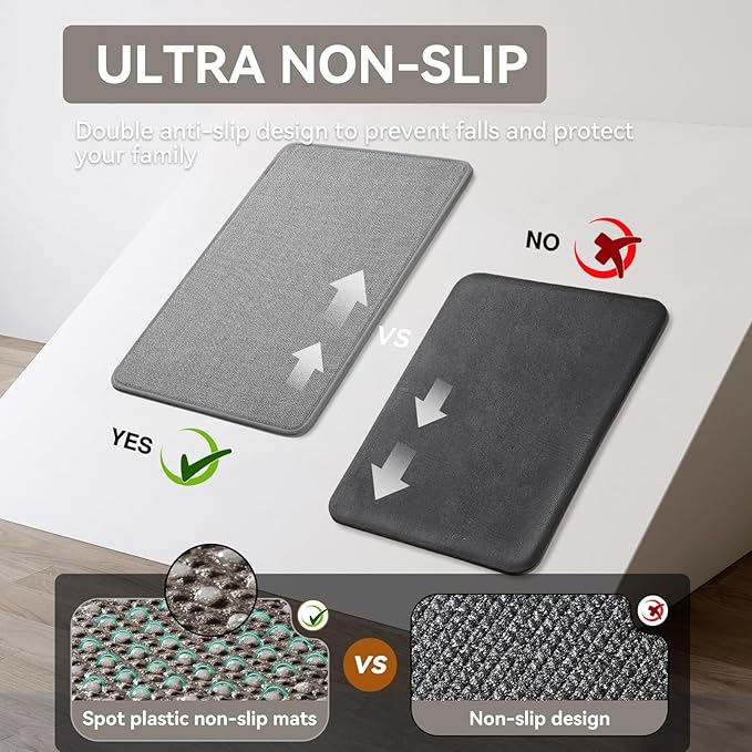 Kitchen Mat Kitchen Rugs Sets of 2 PCS Non Slip Washable, Linen-Like 0.3" Thick Cushioned Absorbent Kitchen Mats for Floor, Mild Anti-Fatigue Sink Laundry Standing Mat, Gray 17"x30"+17"x47"