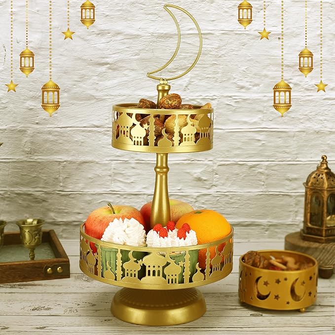 2 Tiered Ramadan Serving Trays Decorations for Home - Eid Mubarak Metal Platters Table Decor Gifts, Islam Muslim Al-Fitr Iftar Party Food Display Dishes (Palace Pattern)