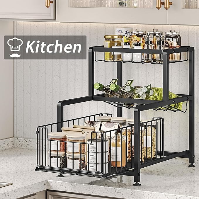Under Sink Organizers, Pull Out Cabinet Organizer and Storage, Kitchen Cabinet Storage Shelf, Slide Out Spice Rack Organizer, Slip-Resistant Organizer Shelves with Drawer Design (Black, 3Tier)