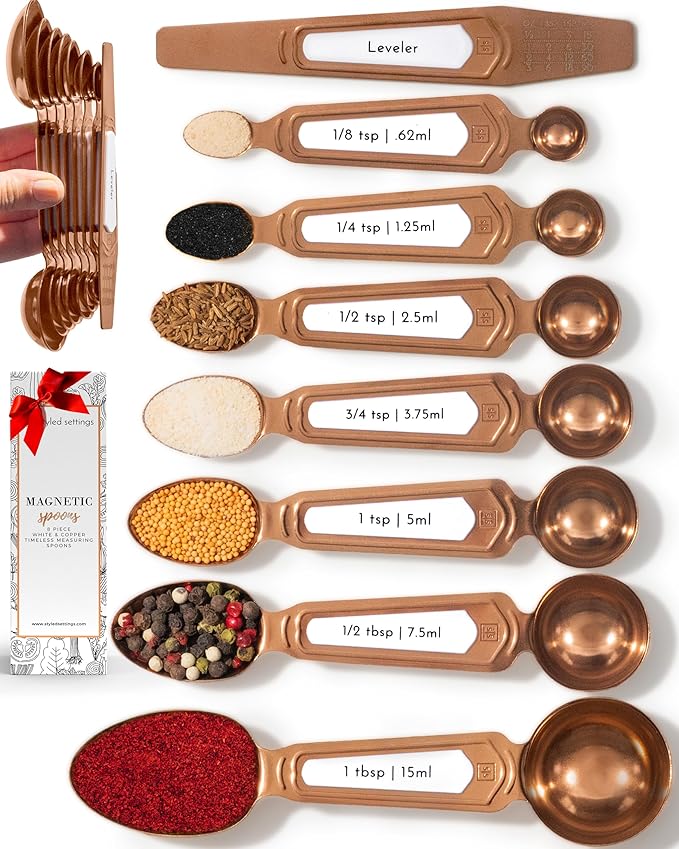 Copper Measuring Spoons Set with Leveler – 8-Piece Double-Sided Nesting Magnetic Measuring Spoons, Stackable & Spice Jar Friendly – Stylish Copper Kitchen Accessories and Decor for Baking and Cooking