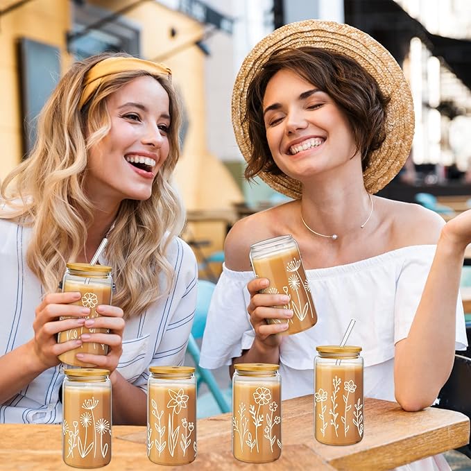 Mumufy 24 Pack Wedding Favor Glass Tumblers Boho Floral 16oz Iced Coffee Cups with Bamboo Lids and Straws Elegant Wedding Guest Favors and Reception Drinkware