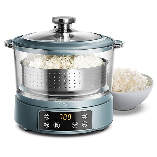 COOK WITH COLOR 3L Glass Mini Low Carb Rice Cooker – Holds 2 Cups Raw/Makes 6 Cups Cooked with Auto Lift Filter Basket, Hotpot & Steamer for Rice, Grains, Digital Panel with Keep Warm, Slate Blue