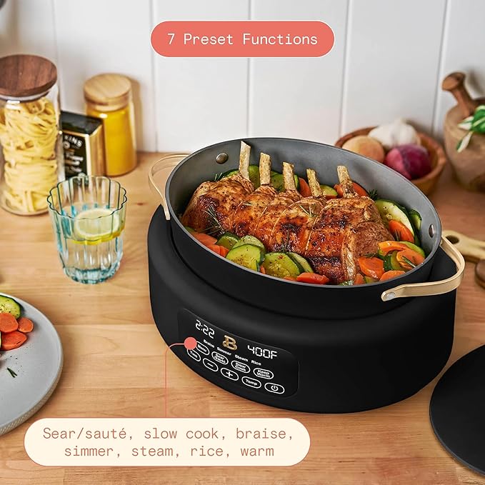 Beautiful 10-in-1 Electric MultiCooker 6 Quart - Programmable Slow Cooker, Sous Vide, Rice Cooker - Sleek Touch Timer & Delayed Start - Kitchen Appliance by Drew Barrymore (Black Sesame)