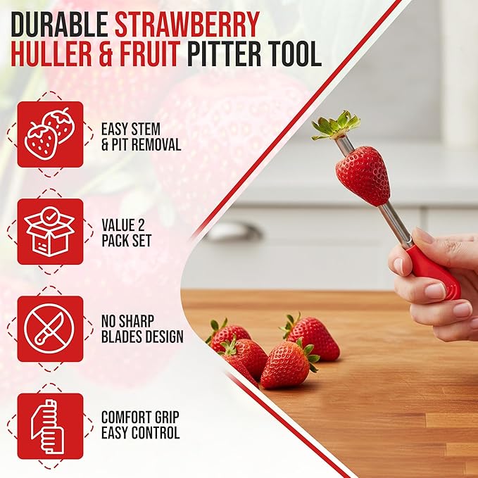 Iconikal 2-Pack Strawberry Huller and Pitter, Stainless Steel Core Remover, 5-inch, Red Handle