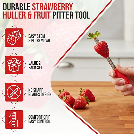Iconikal 2-Pack Strawberry Huller and Pitter, Stainless Steel Core Remover, 5-inch, Red Handle