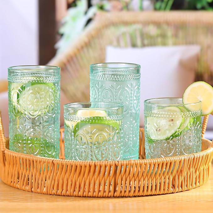6 Pack Green Vintage Glassware Set, 10oz Textured Embossed Drinking Glasses, Colored Water Glasses, Green Glass Cups for Juice, Cocktails, Beer, Iced Tea, Soda