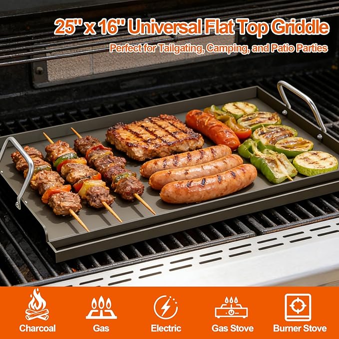 25" x 16" Cast Iron Griddle for Gas Grill, Universal Flat Top with Pre-Seasoned Nonstick Coating, Grease Groove and High Sidewalls, Griddle Plate Insert for Camping, Tailgating and Parties