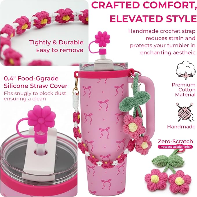 Stanley Cup Accessories Set for 40/30 oz Tumbler, Including Handle Strap, Silicone Straw Topper Cover, Charm, Original Bows Decal Sticker, Cute Birthday Gifts for Women Her Mom Daughter