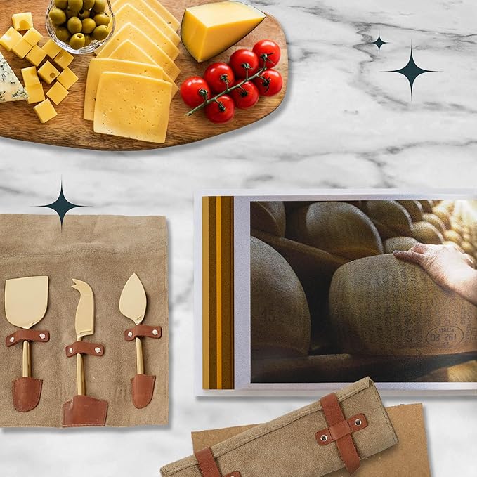 Cheese Knife Set for Charcuterie Board – 3-Piece Gold Stainless Steel Cheese Knives with Leather Pouch – Elegant Charcuterie Tools, Utensils Set