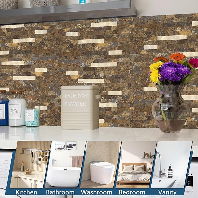 Yipscazo 10 Sheets Peel and Stick Stone Metal Backsplash, PVC Wall Tiles Stick on Tiles for Backsplash Kitchen, Bathroom, Fireplace (6'' X 12'', Rustic)