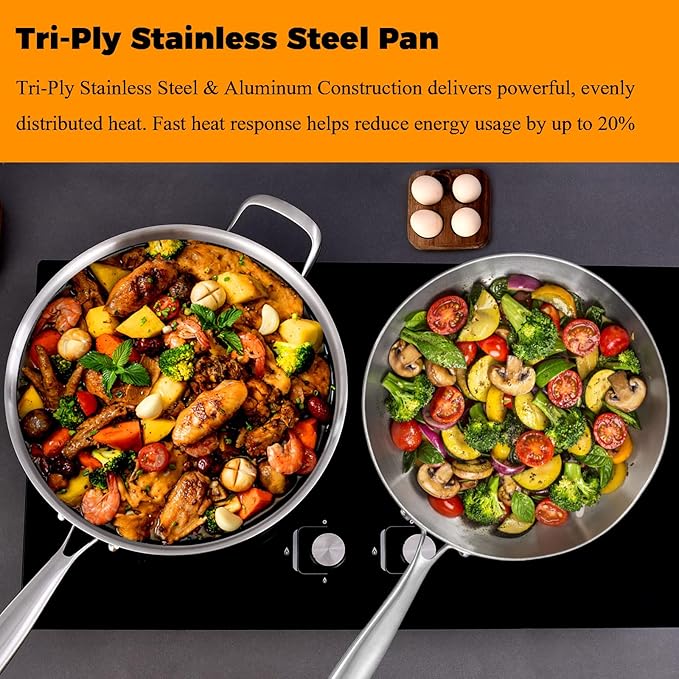 Inqibee Tri-Ply Stainless Steel Cookware Set - 6 Qt Deep Sauté Pan with Lid, 10 Inch Frying Pan, Induction/Gas Compatible, Dishwasher & Oven Safe