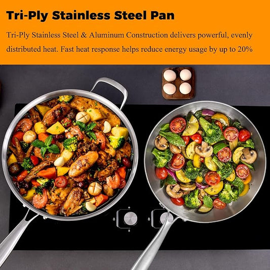 Inqibee Tri-Ply Stainless Steel Cookware Set - 6 Qt Deep Sauté Pan with Lid, 10 Inch Frying Pan, Induction/Gas Compatible, Dishwasher & Oven Safe