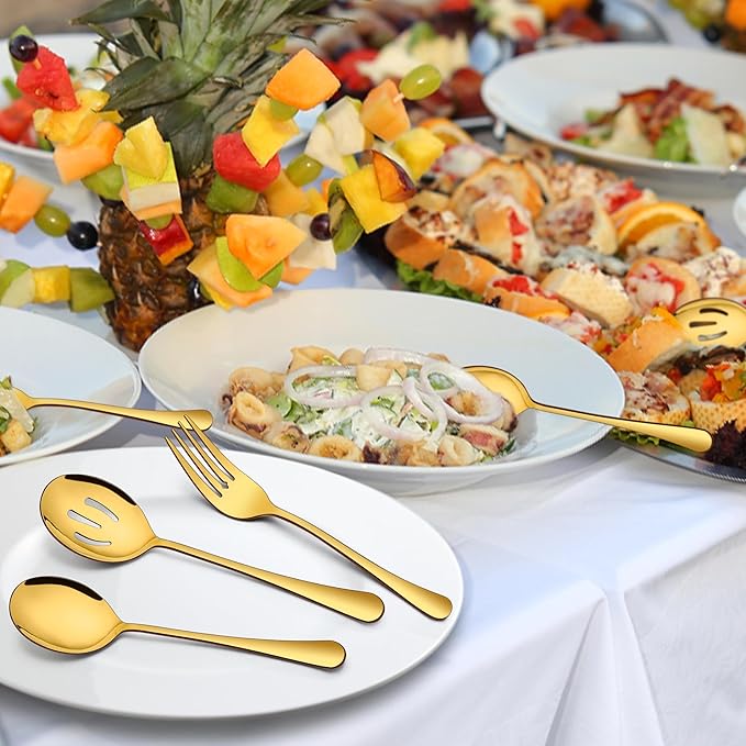 Homikit 6 Pack Serving Spoons Slotted Spoons Forks, 9.8 Inch Stainless Steel Gold Serving Utensils Hostess Set for Catering Buffet Party Banquet Restaurant, Mirror Polish & Dishwasher Safe