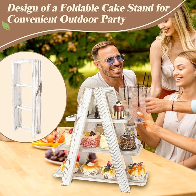 Wooden 3 Tier Cupcake Stand with Swing and Flower Decoration Serving Removable Tray Display Serving Ladder Foldable Stand with Serving Platter Tray Party Food Display Set for Cake Snack Fruit Chips Bread Centerpieces Catering