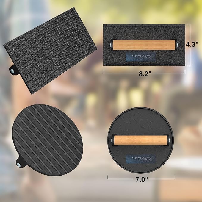 ALISOUQ 2Pcs Burger Smasher, Burger Smasher for Griddle, Heavy Duty Burger Press for Professional-Quality Patties, Hamburger Press with Wood Handle grilling Panini, Steaks, Bacon (Round & Rectangle)