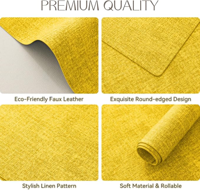 Romanstile Vinyl Placemats Set of 6-12 X 17 Inch - Heat Resistant Place Mats 100% Waterproof Oilproof Wipeable Reversible Faux Leather Table Mats for Kitchen, Dining, Party, Outdoor, Yellow