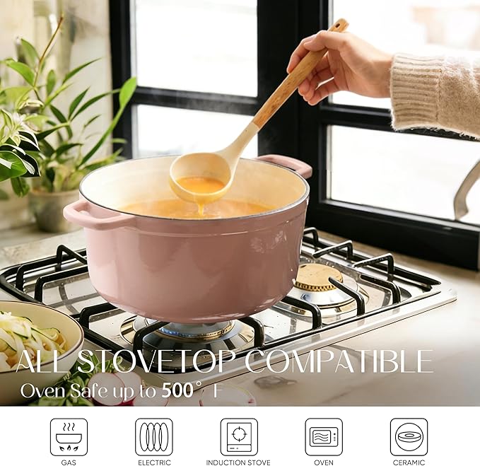 CAROTE 5QT Enameled Cast Iron Dutch Oven Pot with Lid, Heavy-Duty Dutch Ovens for Sourdough Bread Baking, Braising, Roasting, Dual Handles, Healthy & Non-Toxic, All Stovetop Compatible, Oven Safe up to 500° F, Macaron Pink
