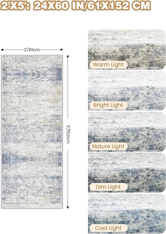 2x5 Rug Runner Washable for Entryway, Soft Bathroom Rugs with Non-Slip Backing, Abstract Low Pile Hallway Runner, Vintage Small Kitchen Carpet for Laundry Room(2'x5', Blue/Brown/Ivory)