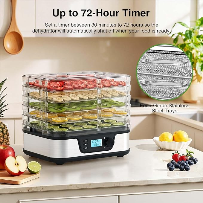 Food Dehydrator, Metallic Silver | 5 Stainless Steel & BPA-free trays, Adjustable Temperature, 72H Timer, Dehydrator for Meats, Jerky, Fruits, Veggies and Pet Treats