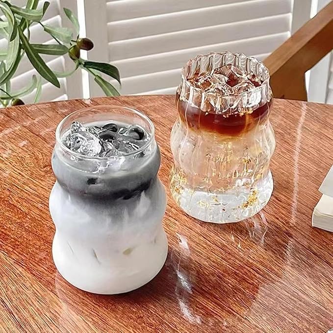 Nirvany 2 Pcs Ribbed Glass Cups, 18 Oz Vintage Drinking Glassware with Wave Shape Design, Bubble Cups for Iced Coffee, Juice, Beverage, Milk, Cocktails, Bubble Tea, and More