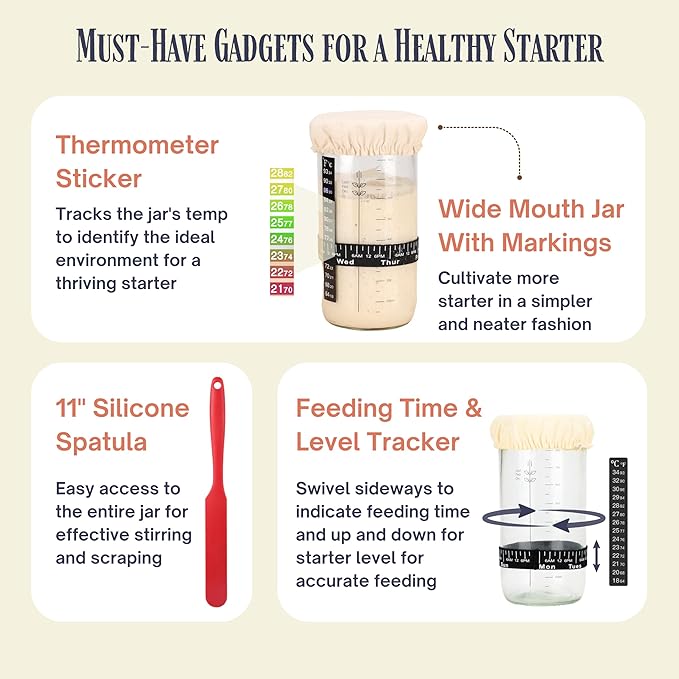 JoeCo Sourdough Starter Kit, Complete Starter-To-Loaf Set with Instructions, Sourdough Starter Jar, Silicone Proofing Baskets, Danish Dough Whisk, Dough Scraper, Bread Lame & Sourdough Baking Supplies