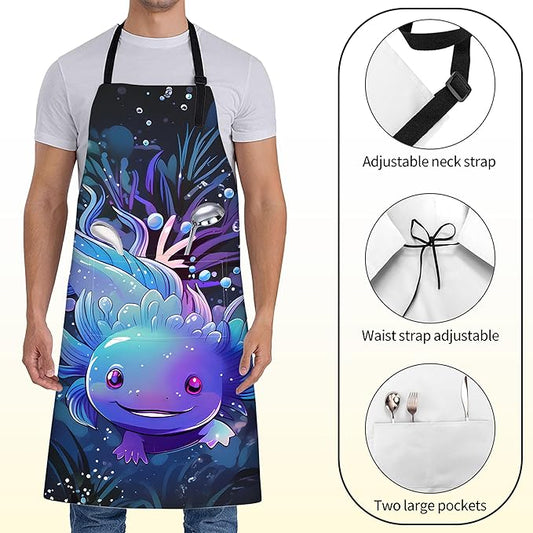 Cute Axolotl Apron for Women,28x33in,Fun Aquatic Underwater Kitchen Aprons with 2 Pockets,Oxford Fabric,Playful Adjustable Apron for Cooking Baking Gardening Chef,Gifts for Mom Wife