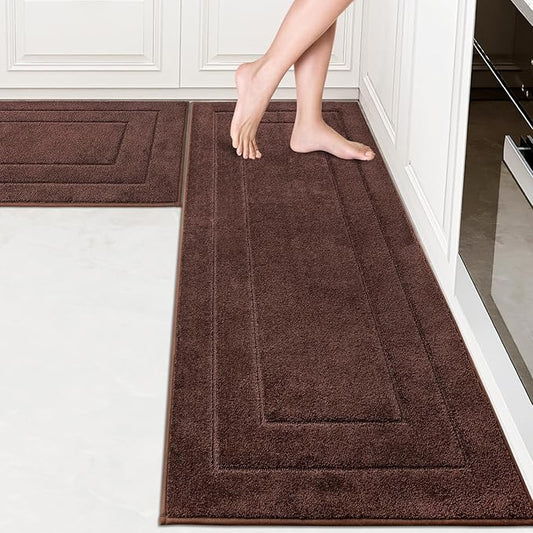 PURRUGS Machine Washable Kitchen Rug Set [2 PCS] (24" x 35.5"+ 24" x 59"), Non-Slip/Skid Kitchen Runner Rugs & Floor Mats, Super Absorbent Soft Standing Mats for Kitchen, Laundry & Sink, Brown