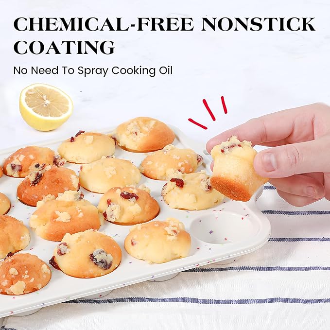AOTASO 1 Pc Mini Muffin Pans with Metal Reinforced Frame, 24 Cups Nonstick Silicone Cupcake Tray for Baking, Food Grade Small Muffin Molds with Handles (Cream)