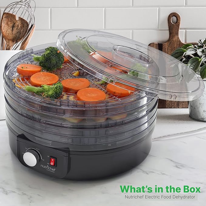 Nutrichef Electric Countertop Food Dehydrator | Professional Multi-Tier Food Preserver | Dehydrate Fish, Beef Jerky, Meats, Mushrooms, Fruits & Vegetables | 5 Stackable Trays for Easy Cleaning