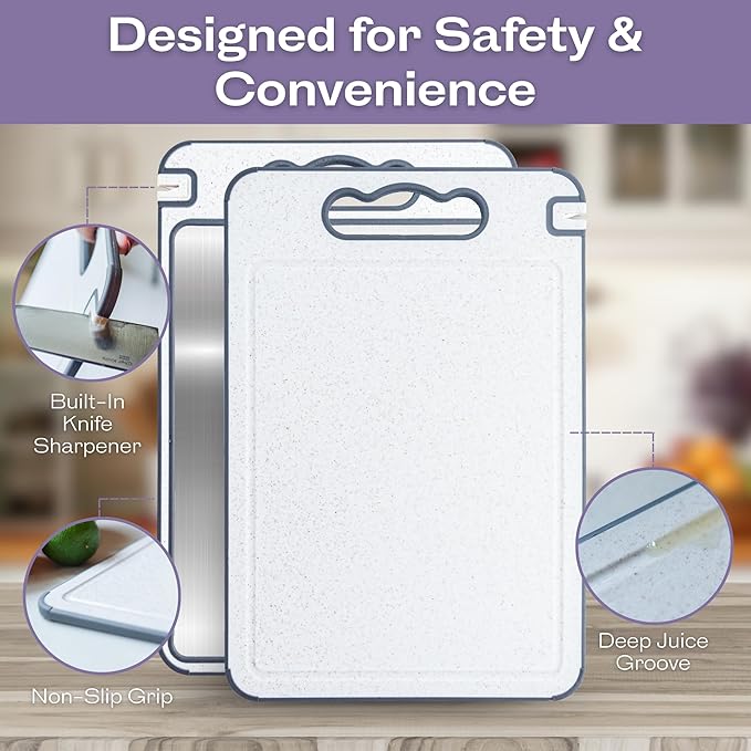 Non-Toxic Cutting Board – Double-Sided Stainless Steel & Wheat Straw – Dishwasher Safe, BPA-Free, Juice Groove, Built-In Knife Sharpener, Non-Slip – 14.4” x 9.8” Kitchen Chopping Board