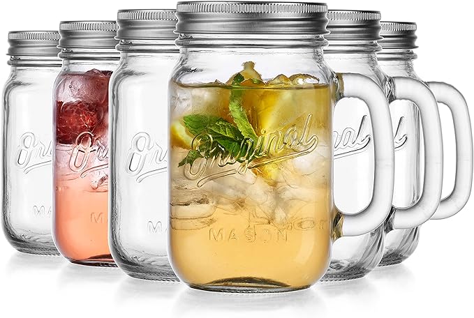 Glaver's Mason Jar 16 Oz. Glass Mugs with Handle and Lid Set Of 6 Old Fashioned Drinking Glass Bottles Original Mason Jar Pint Sized Cup Set.