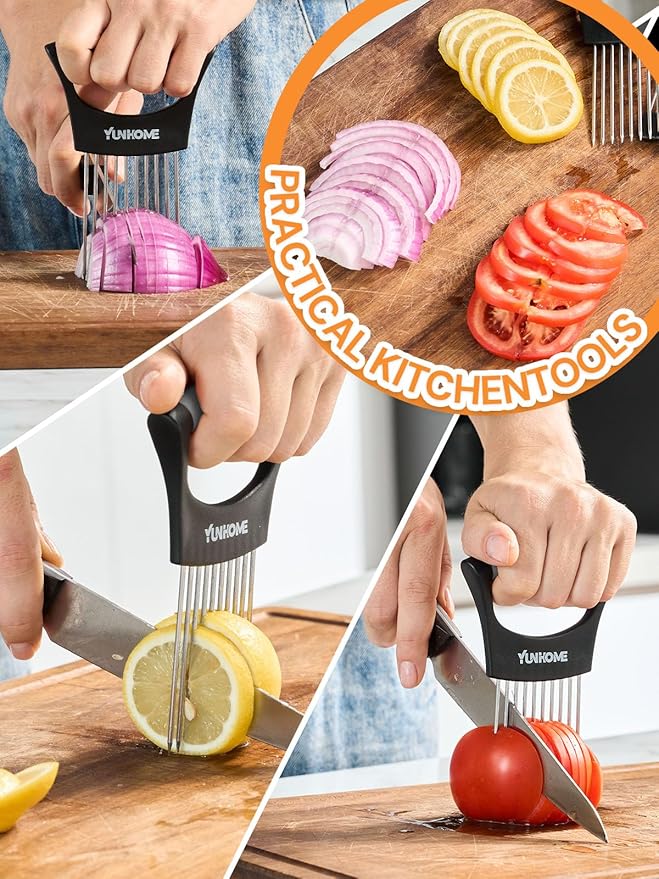Onion Slicer Holder, Stainless Steel Onion Holder for Slicing, Tomato Slicer Vegetable Chopper Tool for Lemon Avocado, Food Slicer Assistant Tool for Fruit, Meat Tenderizer, Food Slicing Guide
