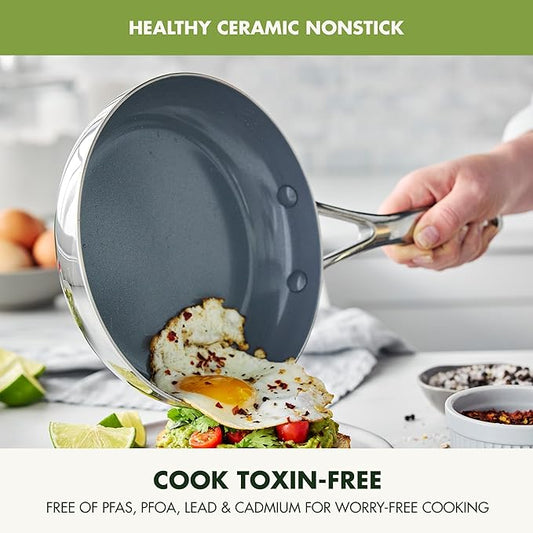 GreenPan Valencia Pro Stainless Steel 10 Piece Cookware Pots and Pans Set, Induction Suitable Mirrored Tri-Ply, Ceramic Nonstick PFAS-Free Coating, Multi Clad, Dishwasher Oven & Broiler Safe