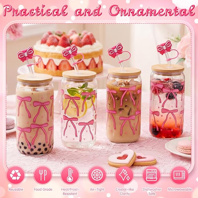 Skylety 4 Pcs Color Changing Glass Cups, 16 oz Cute Coquette Pink Bow Iced Coffee Tumblers with Lids and Straws Reusable Drinking Glasses Jars Cute Gifts for Girls